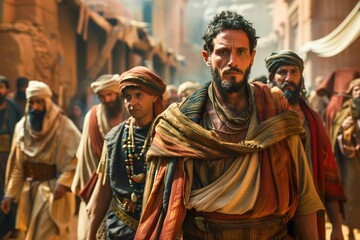 Obraz premium Dramatic Ancient Marketplace Scene with Focused Man in Traditional Garb Amongst Bustling Crowd