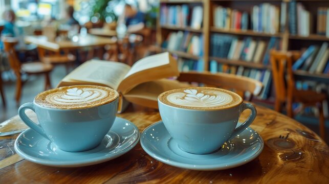 Two Cups of Artistic Latte on a Wooden Table in a Cozy Cafe with Blurred Bookshelves in the Background for a Relaxing Coffee Break