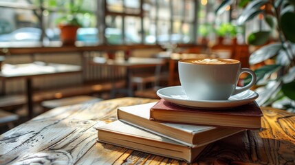 Serene Morning with Latte Art Coffee on Stack of Books in Cozy Cafe Setting with Sunlight