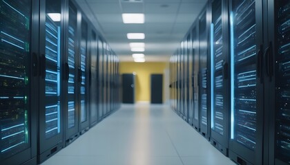 Fototapeta premium Shot of Corridor in Working Data Center Full of Rack Servers and Supercomputers with High Internet Visualisation Projection with blur and bokeh effects