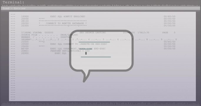 Animation of financial data processing over speech bubble over computer screen
