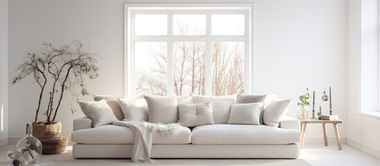 A modern living room featuring a white couch and a large window, showcasing Scandinavian interior design. The room is bright and airy, with clean lines and minimalistic decor.