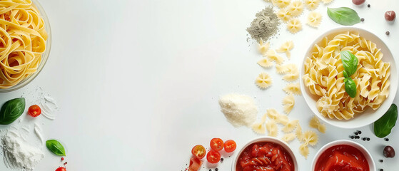 top view food magazine photo of Pasta italian food style among with condiments, tomatoes sauce and pasta grocery on the luxury white table. background is luxury and white style ingredient, 