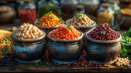 Fototapeta premium bowls of chickpeas, lentils, split pea, kidney beans, black beans dry legumes food at the market