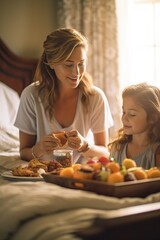 Woman and girl smiling and sharing a breakfast on bed with tableware and food - obrazy, fototapety, plakaty