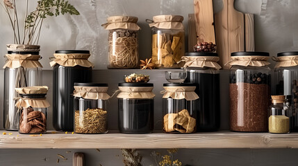 Kitchen containers on the shelf with spice nuts dry fruits granola musli and pasta