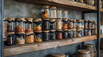 Gartenposter Kitchen containers on the shelf with spice nuts dry fruits granola musli and pasta © Erzsbet