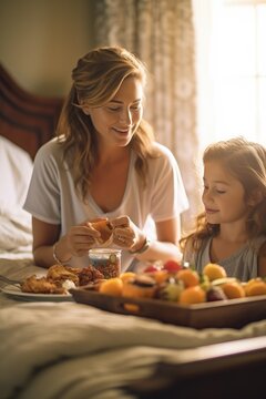 Naklejki Woman and girl smiling and sharing a breakfast on bed with tableware and food