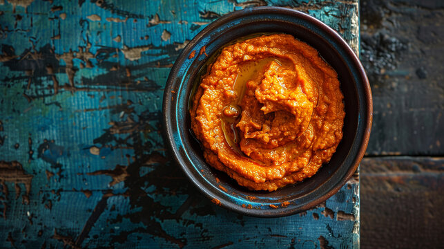  harissa in clay pot high end food magazine photo style rustic decoration blue table paprika powder place for text title