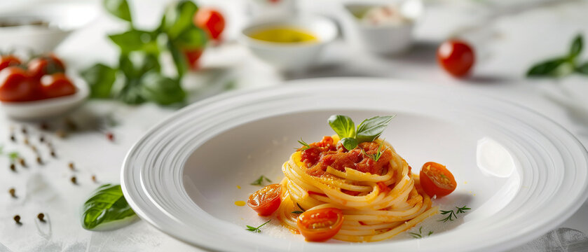 food magazine photo of Pasta italian food style among with condiments, tomatoes sauce and pasta grocery on the luxury white table. background is luxury and white style