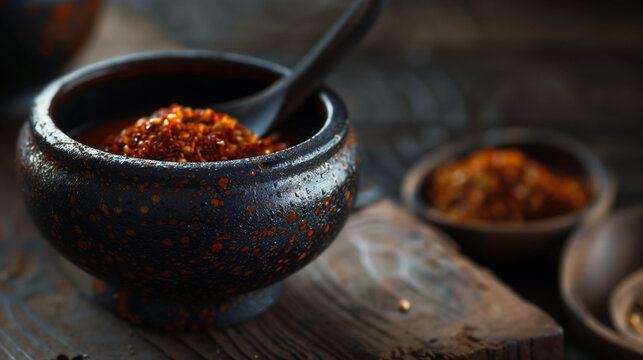  harissa in clay pot high end food magazine photo style rustic decoration paprika powder place for text title
