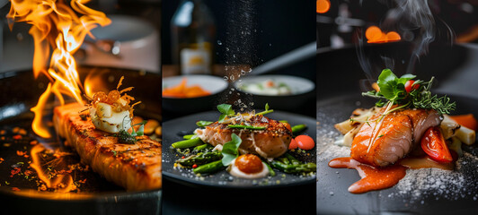 montage of three luxory restaurant food flambéing roasted grilled salmon shrimp salad flames - Powered by Adobe