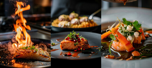 montage of three luxory restaurant food flambéing roasted grilled salmon shrimp salad flames