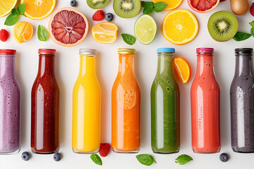 Healthy lifestyle background with various colorful smoothie drinks in bottles, blender and ingredients on white background. Detox and diet food concept with sliced fluits 