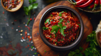 Harissa paste sause in a clay pot traditional african spicy hot paprika 