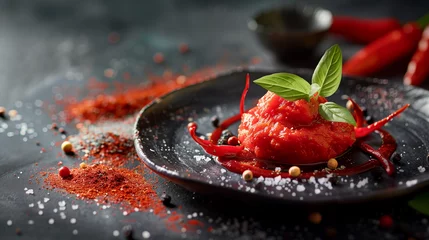 Gordijnen Luxory style harissa paprika chili cream in a gourmet expensive african restaurant tomato paste © Erzsbet