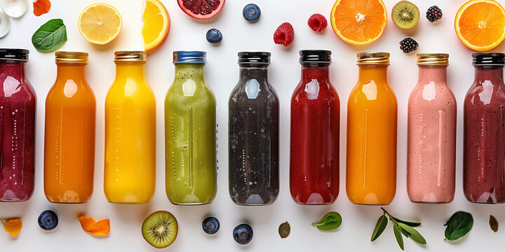 Healthy lifestyle background with various colorful smoothie drinks in bottles, blender and ingredients on white background. Detox and diet food concept with sliced fluits 