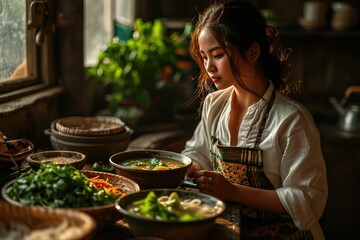 A woman is seated at a table with assorted dishes of food - obrazy, fototapety, plakaty