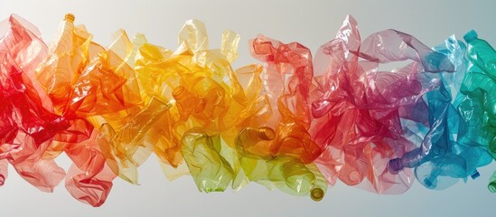 A vibrant display of multicolored plastic bags bunch together on a white background.