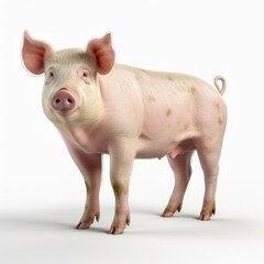 Single domestic pig standing isolated on a white background, full body portrait.