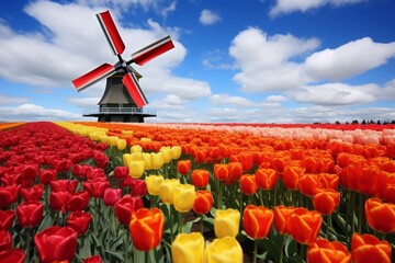 A picturesque view of colorful tulip fields and a classic windmill in the Dutch countryside. This serene landscape captures Hollands beauty under a clear blue sky, creating a postcard-perfect scene.