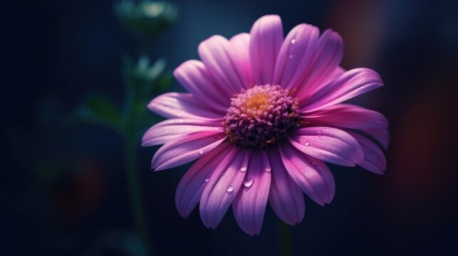 Close-up of a dew-covered pink daisy against a dark, moody background.