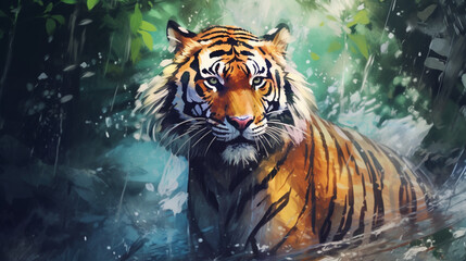 water color painting style of full body tiger surrounded tropical forest. Generative Ai