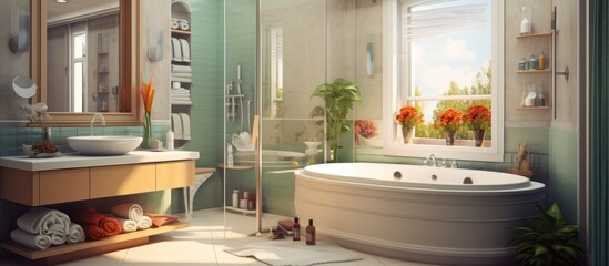 A modern bathroom featuring a sleek tub, a functional sink, and a large mirror for personal grooming. The tub and sink are clean and spotless, reflecting a sense of hygiene and order in the space.