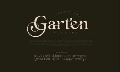 Garten premium luxury elegant alphabet letters and numbers. Elegant wedding typography classic serif font decorative vintage retro. Creative vector illustration