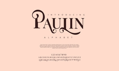 Paulin premium luxury elegant alphabet letters and numbers. Elegant wedding typography classic serif font decorative vintage retro. Creative vector illustration