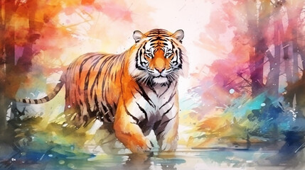 water color painting style of full body tiger surrounded . Generative Ai