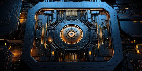 Futuristic sci-fi hatch door on spaceship, detailed metallic texture, blue ambient light, concept art.