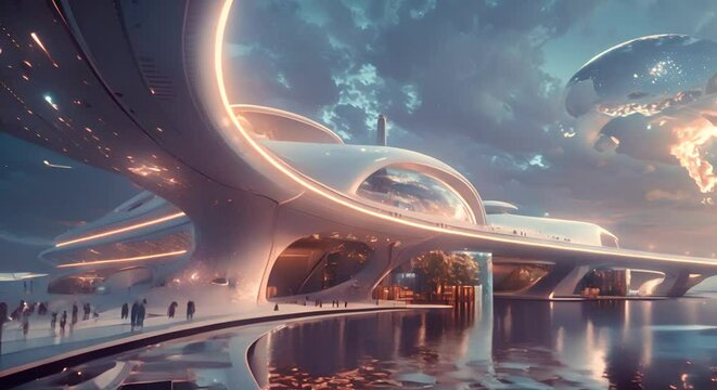 A futuristic spaceport launching ships to distant worlds