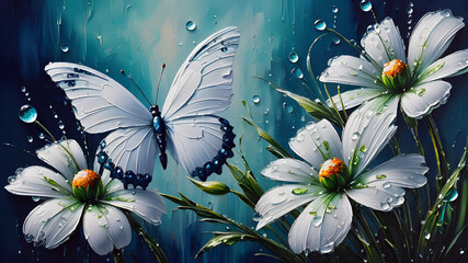 tender white flowers in dew droplets and emerals butterfly on blue. flowers and butterflies painted with oil paints