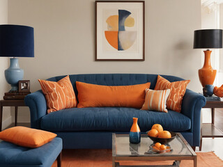 A living room with a blue couch and orange accents - generated by ai