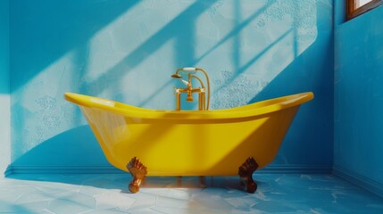 Modern bright yellow bathtub in elegant dark blue bathroom interior design