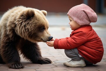 Adorable little girl feeding a massive brown bear at the local zoo, creating a heartwarming interaction between two unlikely friends in a captivating wildlife moment. - obrazy, fototapety, plakaty
