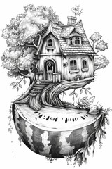 A black and white drawing of a fairy house in a watermelon