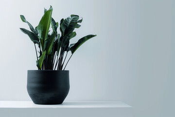 Plant, black vase, decoration, architecture, minimalist, nature, life, white background, generative AI. Arte com IA