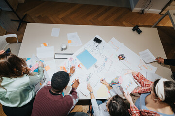 Top view of a diverse group of business colleagues actively participating in a brainstorming...