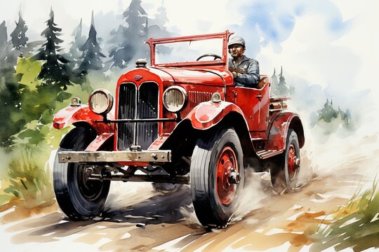 A beautifully restored vintage red truck makes its way through the enchanting forest, capturing the essence of natures untouched beauty with every turn of its wheels.