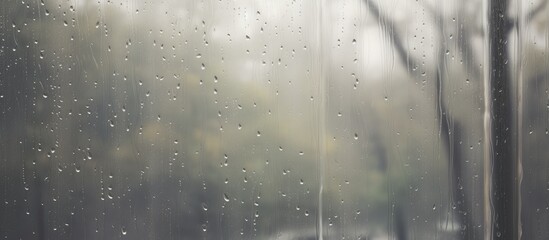 A black and white close-up view of raindrops cascading down a window with translucent.