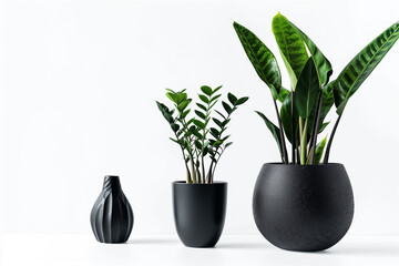 Plant, black vase, decoration, architecture, minimalist, nature, life, white background, generative AI. Arte com IA