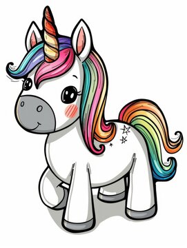 A cartoon unicorn with a rainbow mane
