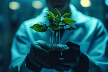 Scientist nurturing a plant in a beaker. Perfect for concepts on biotechnology, research, and sustainable development. - obrazy, fototapety, plakaty