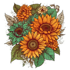Vibrant hand-drawn sunflower bouquet illustration. Perfect for decor, apparel design, and botanical art collections.