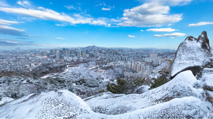 Seoul City in winter with snow and Seoul Tower South Korea