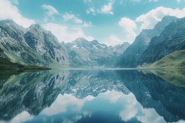 A lake nestled amidst towering mountains under a sky filled with fluffy clouds. The water reflects the majestic peaks. Generative AI