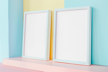 Two pastel frames beautifully displayed on a pastel shelf against a soft pastel background. Mockup