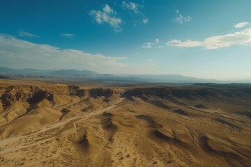 Aerial view shows a vast desert landscape with mountains towering in the background. The arid terrain stretches out under the clear blue sky. Generative AI